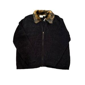 Basic Edition Ladies 2X Black W/Faux Fur Collar Zip Long Sleeve Sweater Cardigan